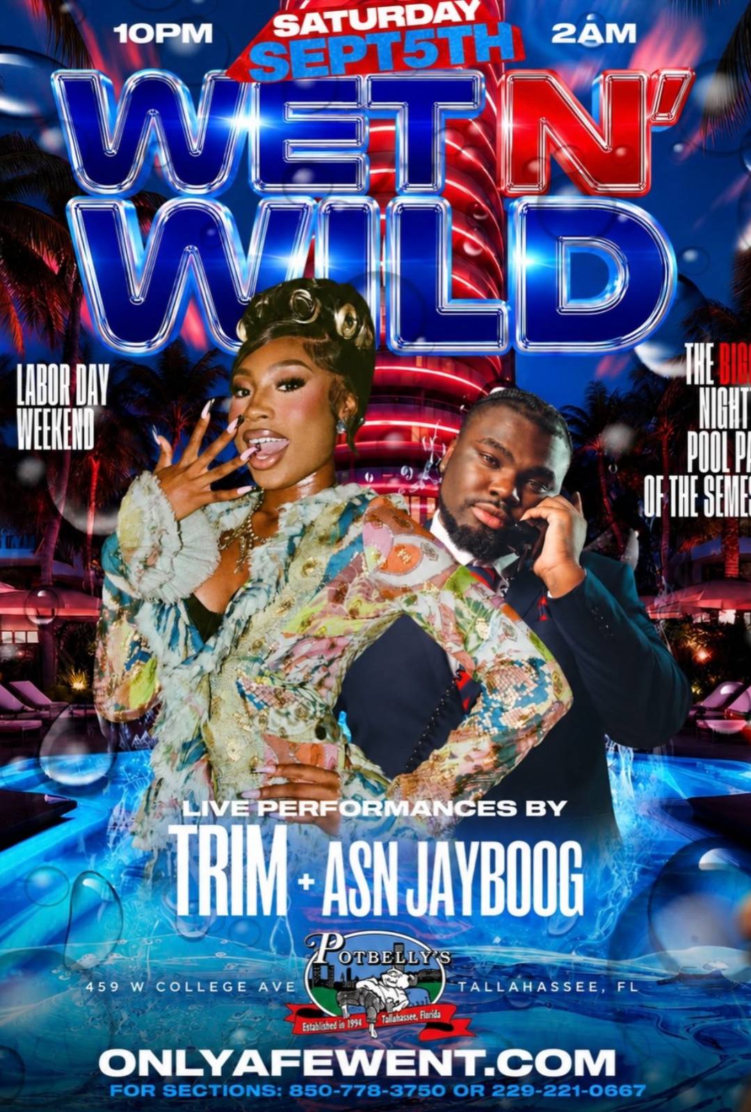 WET N' WILD POOL PARTY | TRIM + ASN JAYBOOG LIVE IN THE GARDEN flyer — Potbelly's, Tallahassee